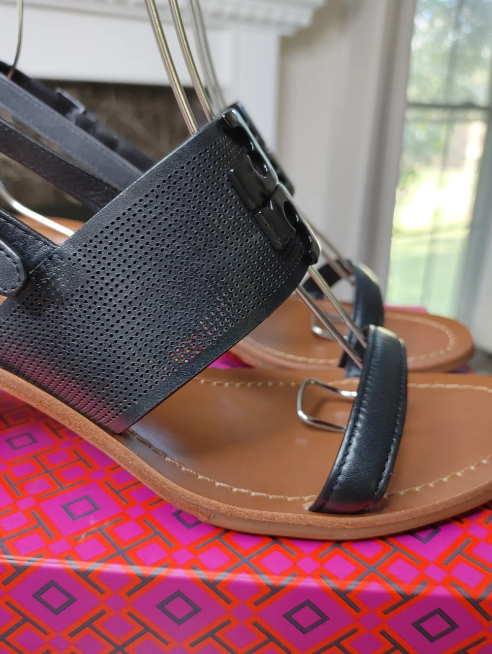 TORY BURCH LOWELL 2 PERFORATED SANDAL, BLACK 9.5